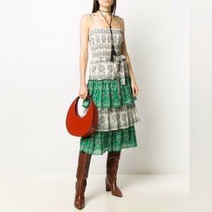 Tory Burch Bandana Green and White Tiered Dress